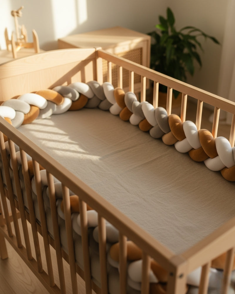 tour de lit tresse gris blanc marron pour bébé